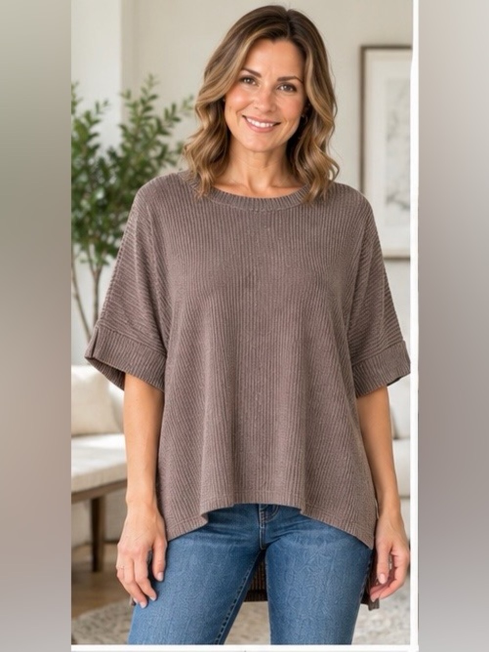 ANDREE BY UNIT Relaxed Ribbed Short Dolman Type Sleeve Tunic Top in Taupe NWT